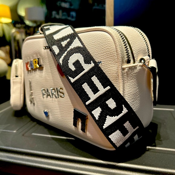 Karl Lagerfeld Maybelle Crossbody Bag purse Double Zip White With Pins And Pouch - Picture 2 of 8